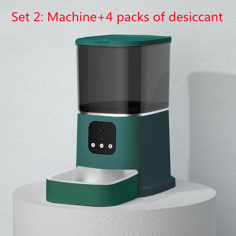 Dark green automatic pet food dispenser with clear hopper and feeding tray