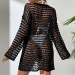 Hollow-knit beach dress, black, long sleeves, round neck with open crochet pattern