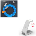 Wireless charging stand with white phone dock and blue 1m cable with Type-C end.