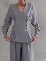 Light gray V-neck button top and wide-leg pants set, buttoned wrap front