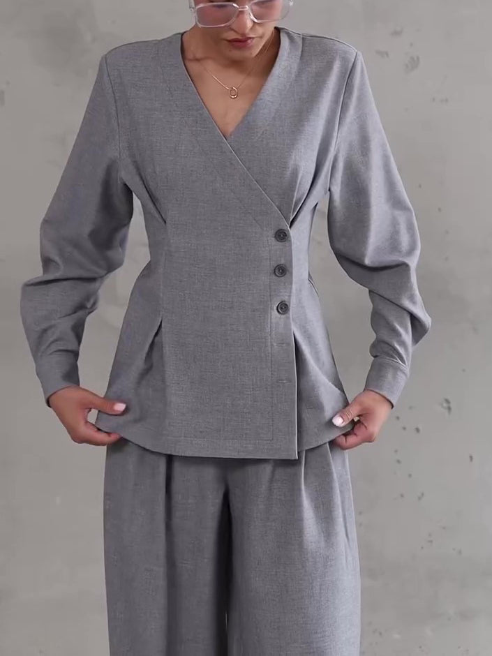 Light gray V-neck button top and wide-leg pants set, buttoned wrap front