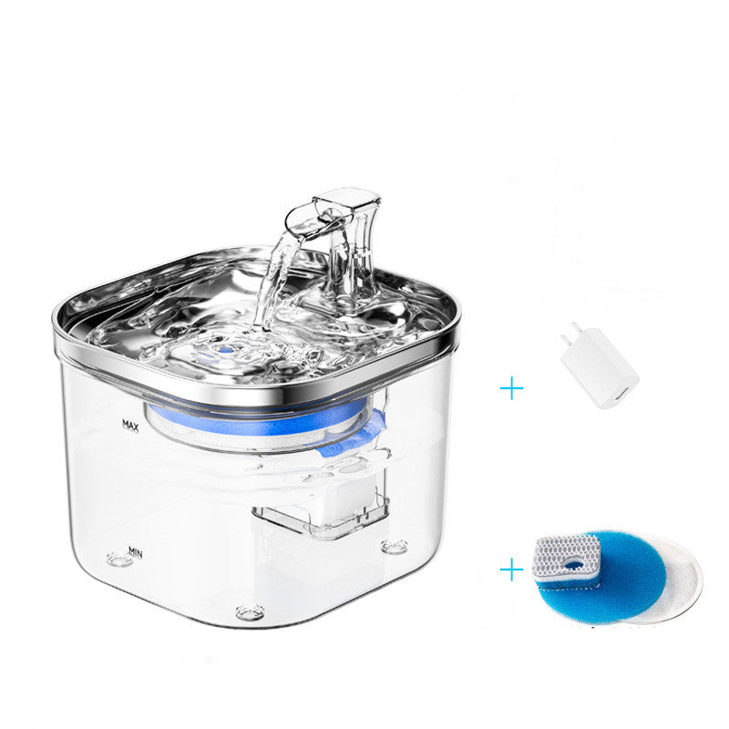 Automatic pet water fountain with stainless rim, transparent tank, and filter set