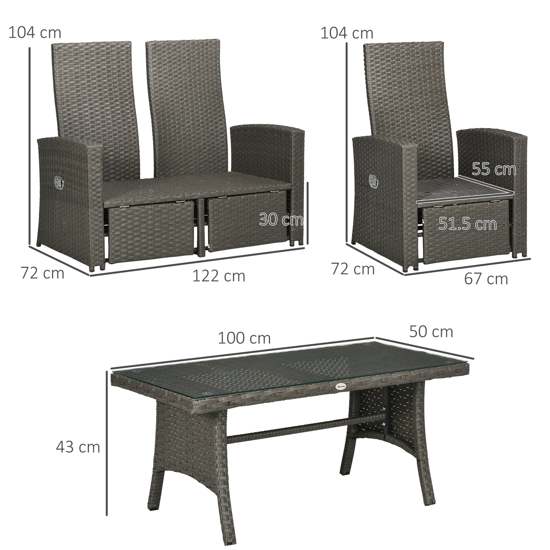 4 Piece Rattan Garden Furniture Set Outdoor Sofa Sectional Set With Glass Top Table For Poolside, Grey