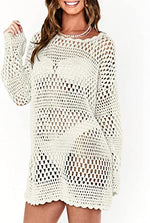 Women’s crochet hollow beach cover-up sweater, cream-white with loose bell sleeves