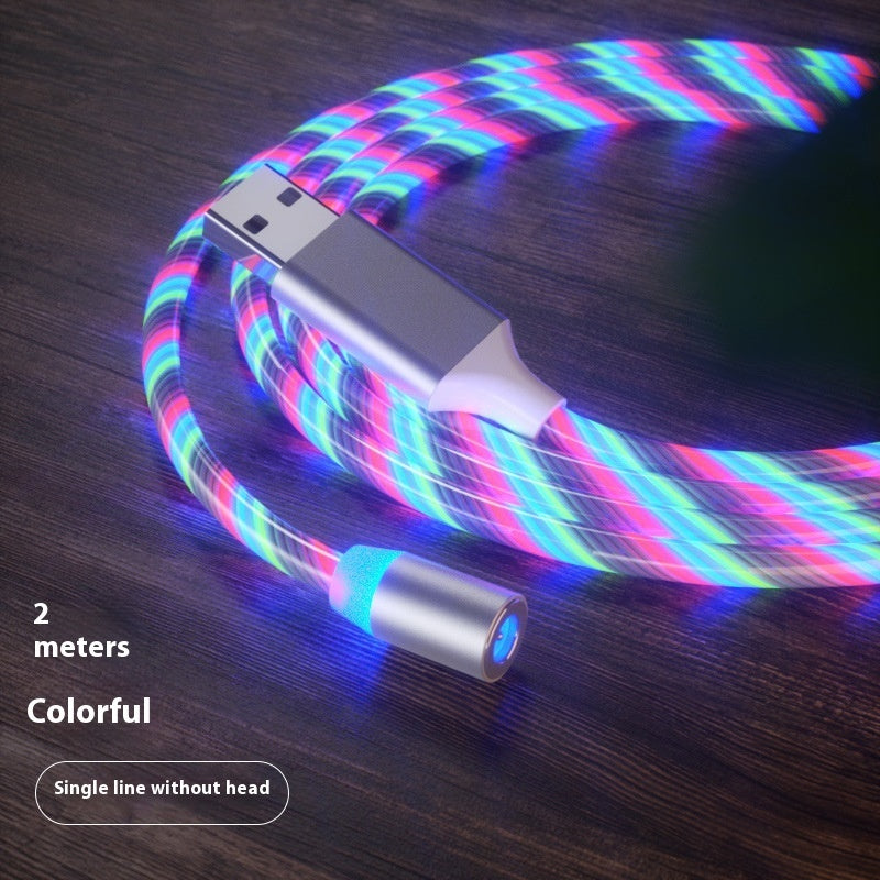 2m colorful LED magnetic charging cable with USB-A connector and glowing cylinder charging tip