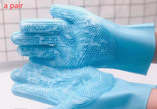 Silicone pet grooming glove pair with raised bristles, teal