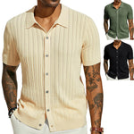 Cream knitted polo shirt with point collar, short sleeves, button placket