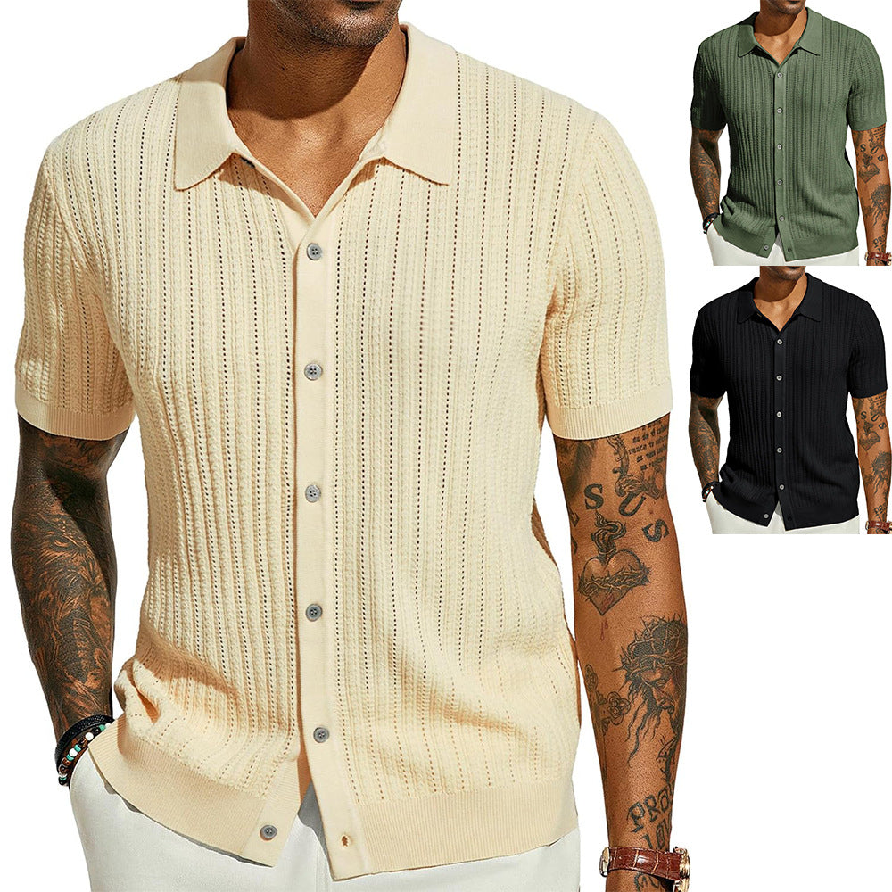 Cream knitted polo shirt with point collar, short sleeves, button placket