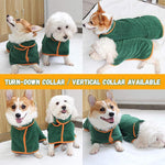 Green microfiber dog bathrobe with orange trim, worn by multiple dogs
