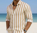 Men's striped casual shirt, tan and white, button-front collar long sleeves