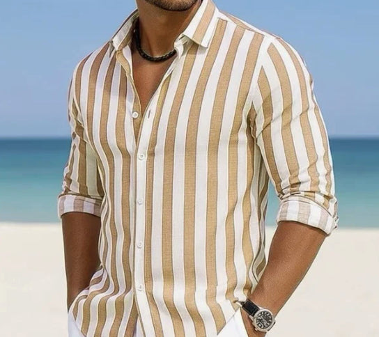 Men's striped casual shirt, tan and white, button-front collar long sleeves