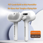 White electric pet comb with mist humidifier nozzle and metal bristle pad, handheld