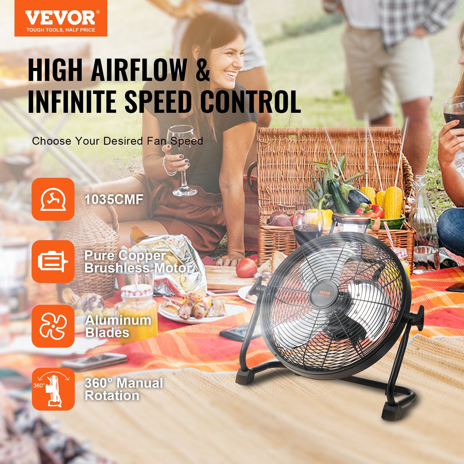 VEVOR black cordless floor fan with protective metal grille and pivoting base