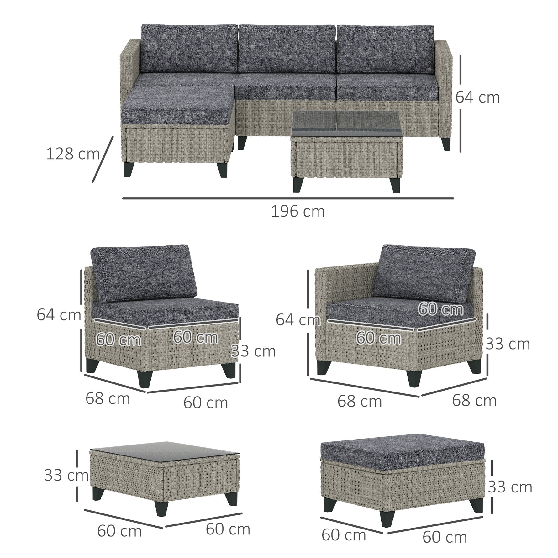5-Piece Rattan Patio Furniture Set – Corner Sofa & Coffee Table, Dark Grey