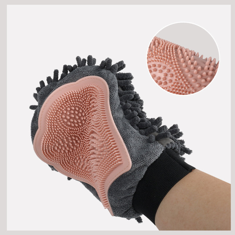 2-in-1 pet grooming glove: pink silicone nubs on gray chenille