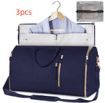 Waterproof travel duffle set, navy bag with light-blue lining and hanging garment bag