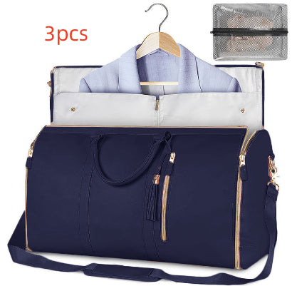 Waterproof travel duffle set, navy bag with light-blue lining and hanging garment bag