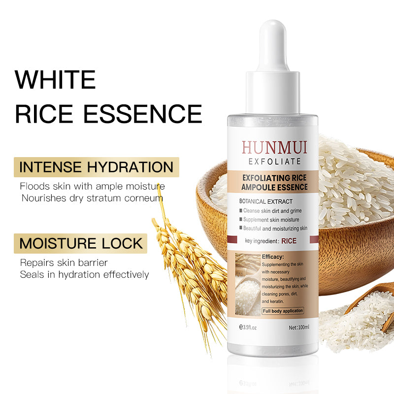 HUNMUI exfoliating white rice ampoule essence in clear bottle with dropper
