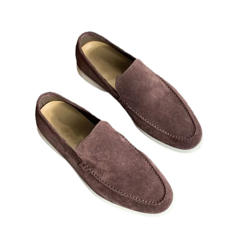 Men's suede loafers, dark brown slip-on driving style with light rubber sole