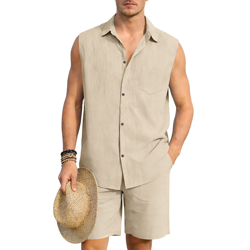 Linen sleeveless shirt & shorts set in light khaki, button front, chest pocket
