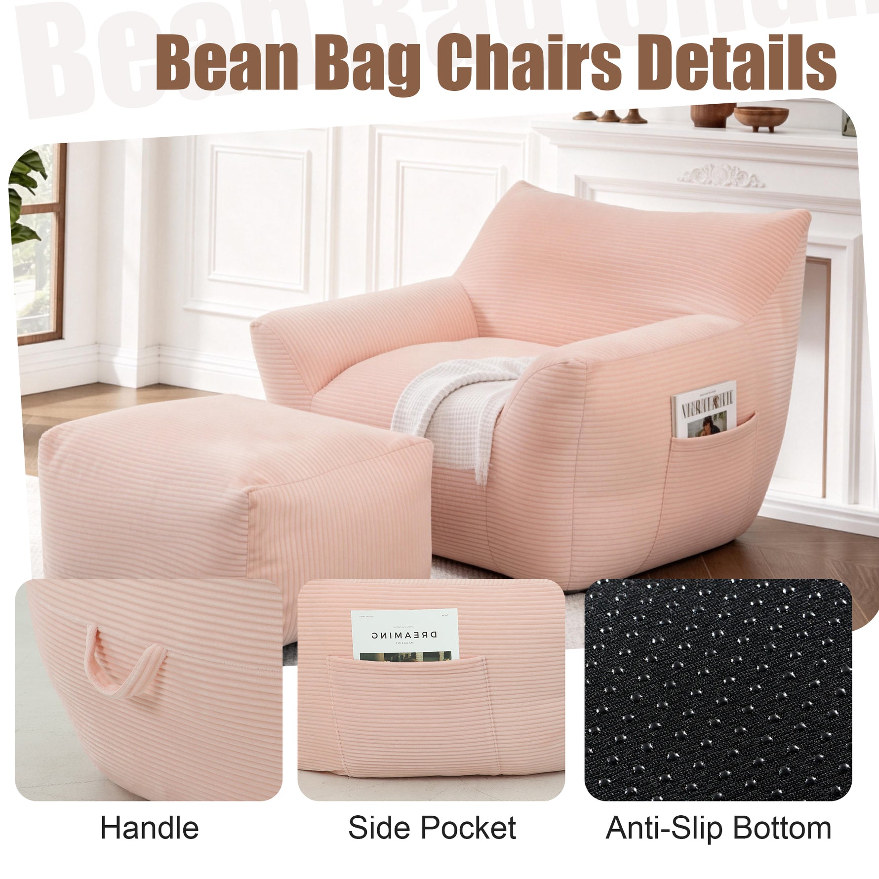 Bean Bag Chair For Adults, Oversized Comfy Beanbag Living Room Lazy Sofa For Bedroom & Dorm