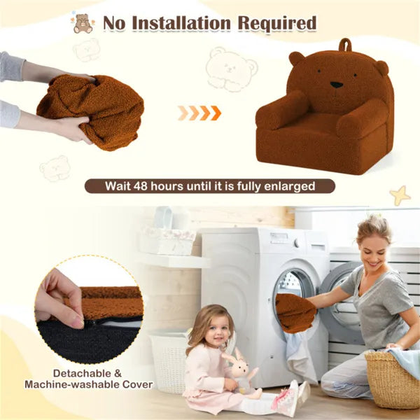 Sofá infantil con forma de oso – Sillón de espuma de forro polar para niños pequeños, Marrón