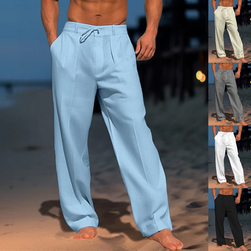 Light blue drawstring pocket wide-leg pants, men's cotton straight trousers
