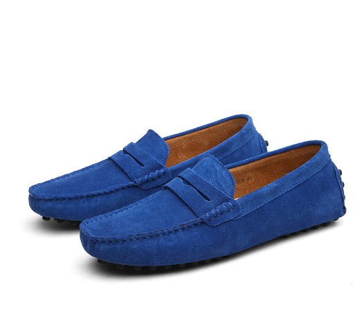Men's round-toe leather moccasin shoes with blue suede upper and strap