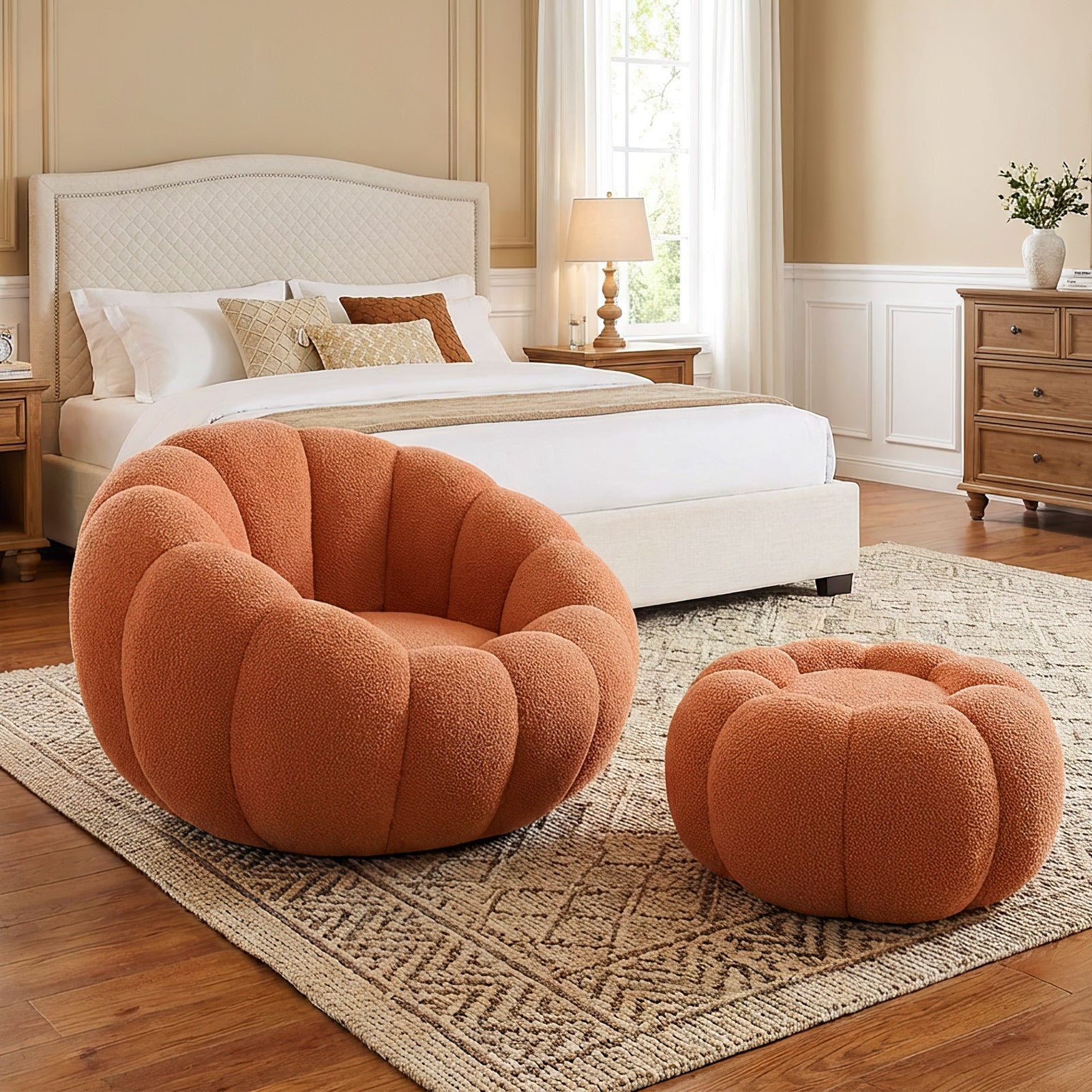 Single Sofa Chair Pumpkin Shape Round Chair Accent Reading Relaxing Modern Lounge With Footstool Brown