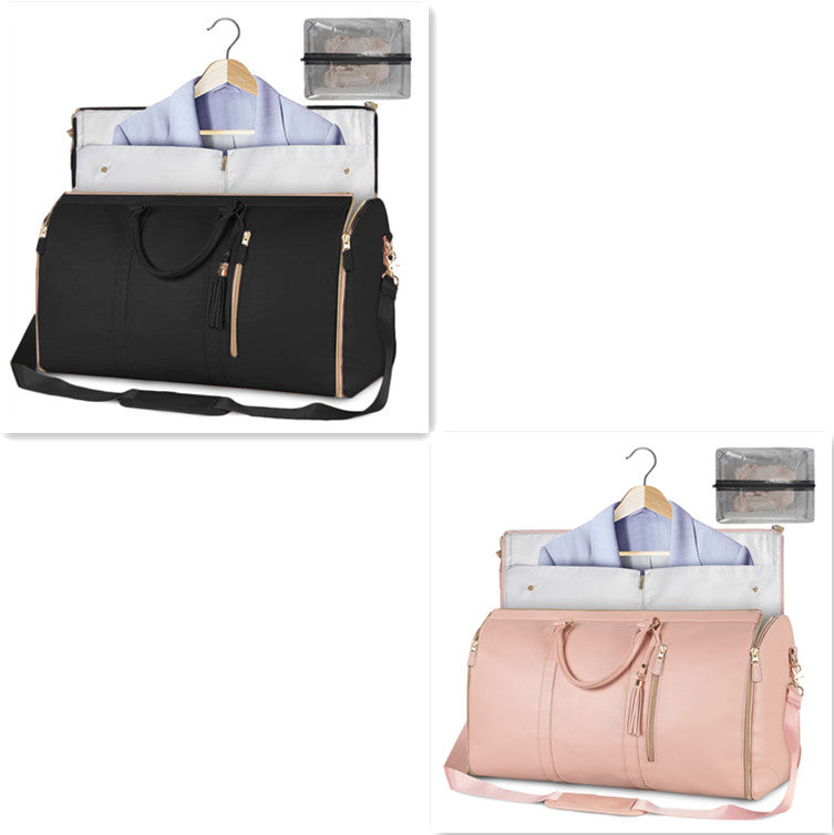 Waterproof travel duffle set, black and pink bags with light-blue lining and mesh pouch