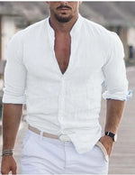 Men's cotton button-front long-sleeve shirt, white, V-neck
