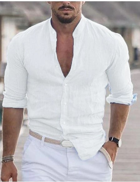 Men's cotton button-front long-sleeve shirt, white, V-neck