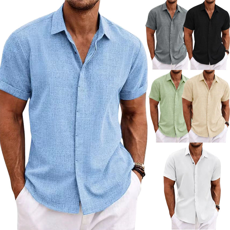 Men's linen-style stand collar short sleeve T-shirt in light blue