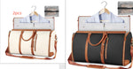Waterproof travel duffle set, white bag with brown straps and dark bag with tan trim