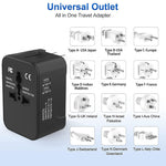 Black universal travel adapter with worldwide plug outlets and USB ports