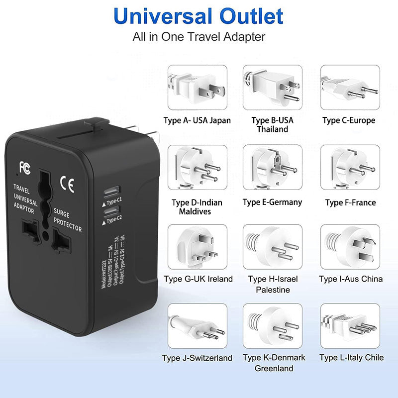 Black universal travel adapter with worldwide plug outlets and USB ports
