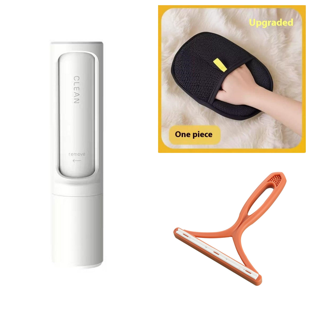 Reusable pet hair lint roller brush in white with orange squeegee head
