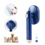 Pet hair removal grooming comb with rotating blue brush head and white bristles