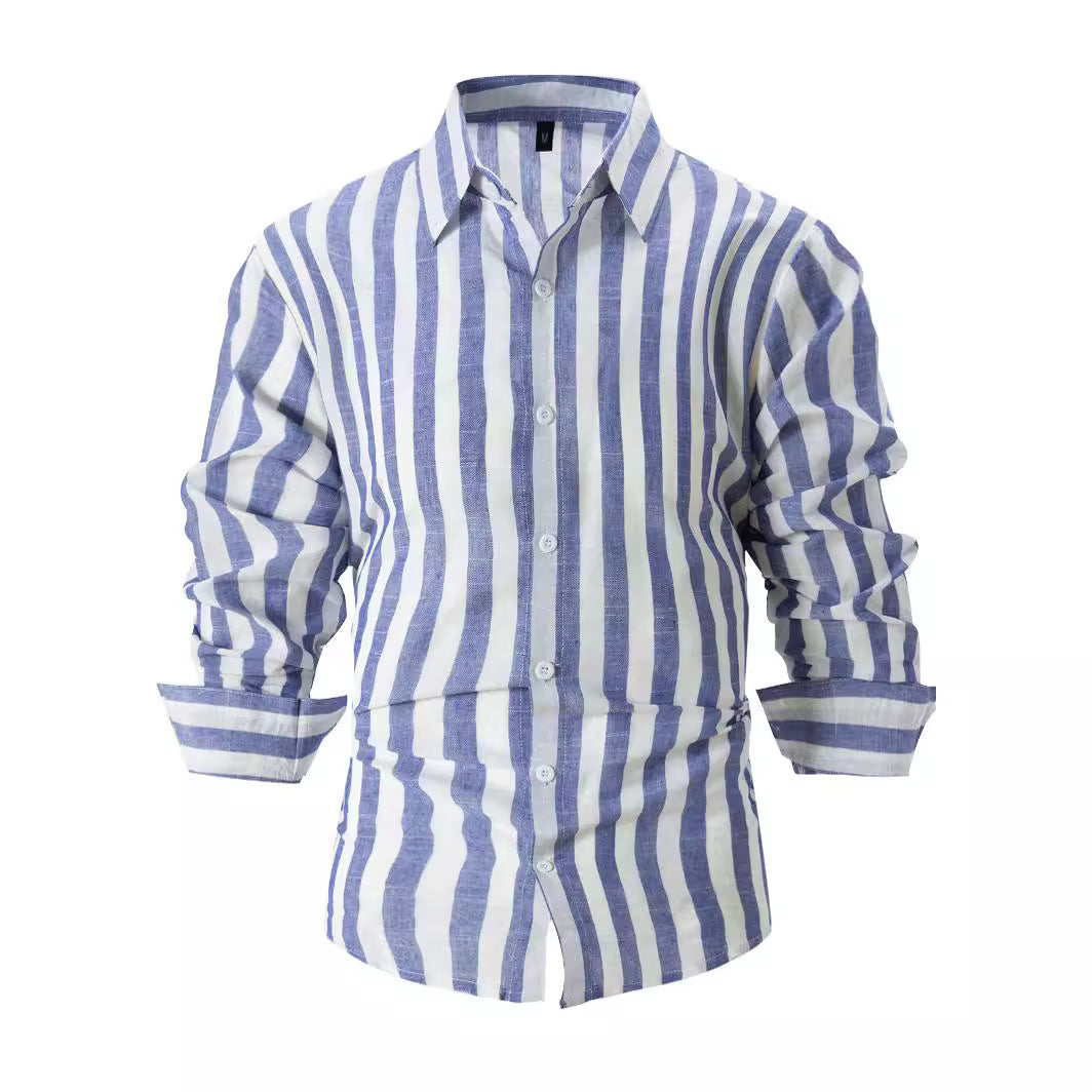 Men's striped casual shirt, blue and white, button-front collar long sleeves