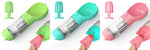 Pet water bottle feeder bowl set with waste bag dispenser, green, teal, and pink colors.