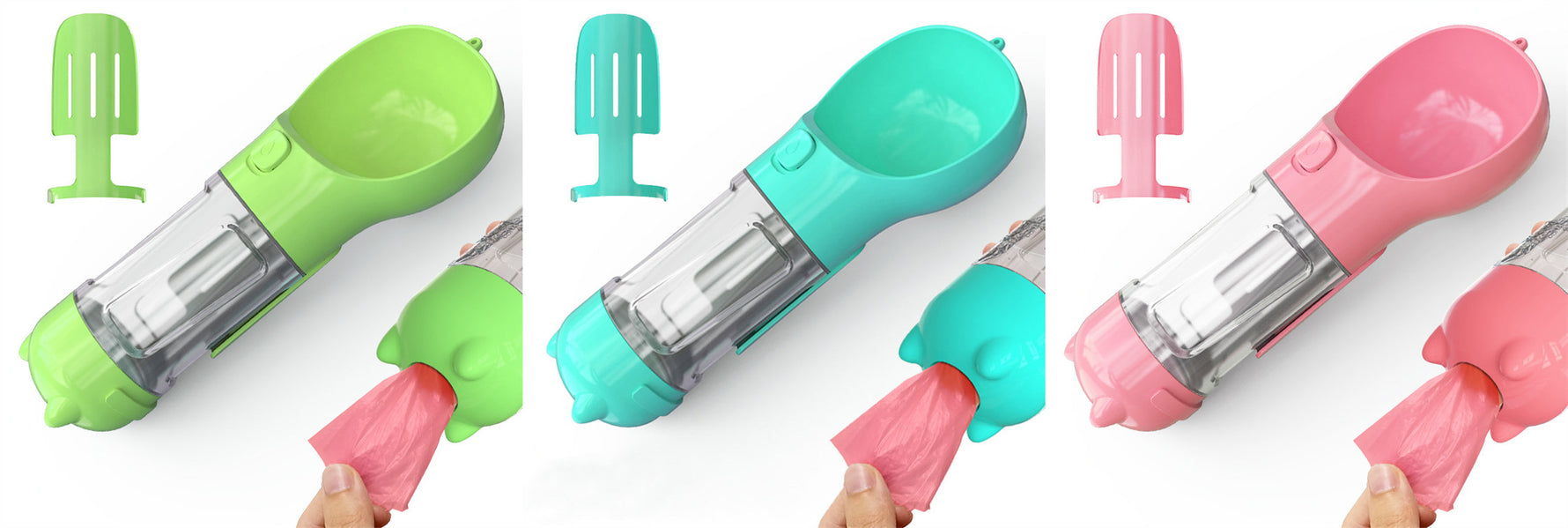 Pet water bottle feeder bowl set with waste bag dispenser, green, teal, and pink colors.