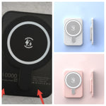 Black magnetic wireless power bank and white/pink variants with lightning logos, front views.