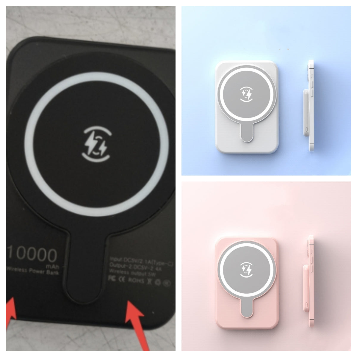 Black magnetic wireless power bank and white/pink variants with lightning logos, front views.