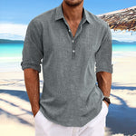 Men's loose pullover shirt, gray, button-front V-neck, rolled sleeves