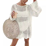 Women’s crochet hollow beach cover-up sweater, light tan with loose bell sleeves