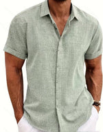 Sage green men’s linen-style stand collar short sleeve t-shirt with button front
