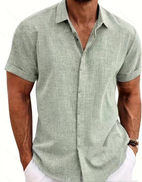 Sage green men’s linen-style stand collar short sleeve t-shirt with button front