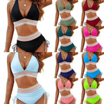High waist bikini set with striped band and drawstring side bottoms, assorted colors shown