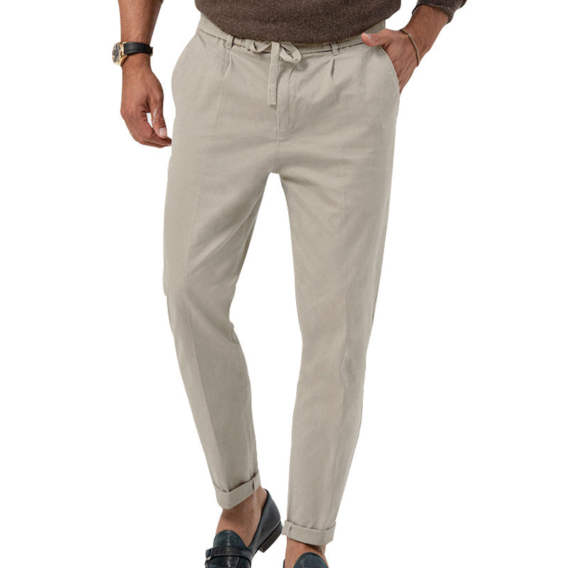 Men's drawstring straight pants in light gray, high waist and ankle cuffs
