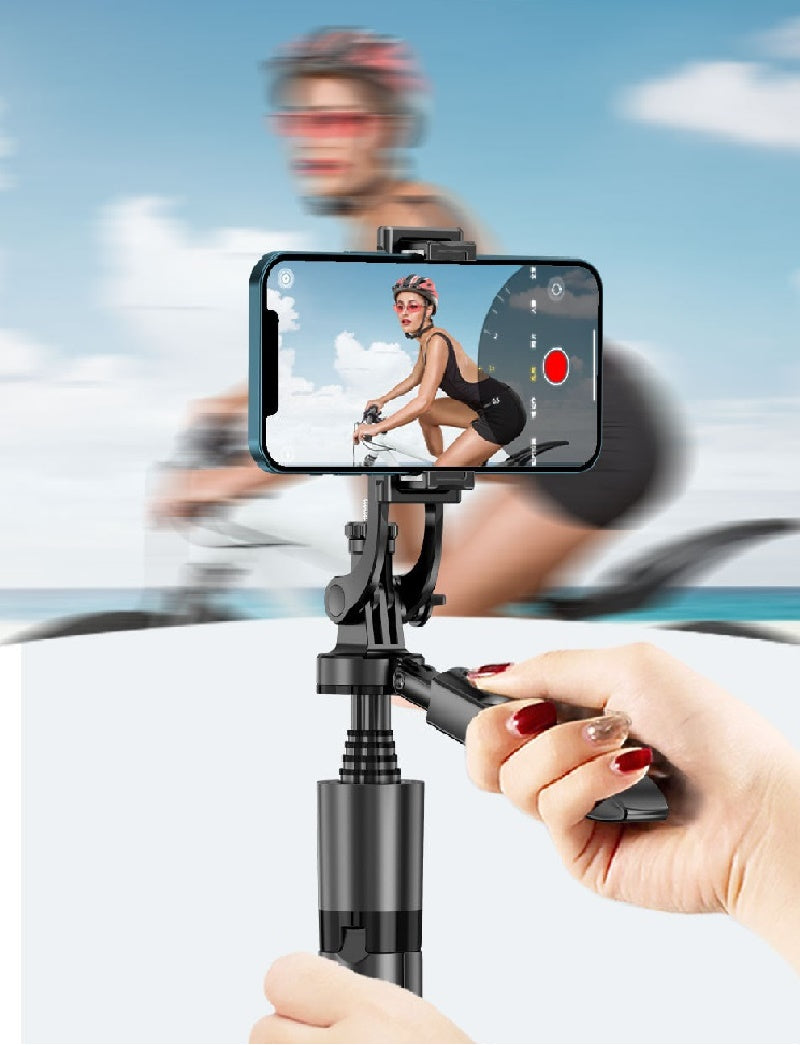 Auto tracking smartphone gimbal with phone clamp held by a black handheld pole